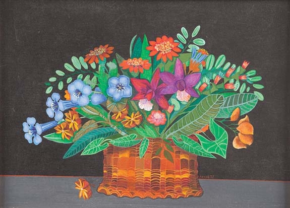 SÔNIA GRASSMANN - ?Cesto com flores? Óleo sobre tela colado eucatex. Ass. dat. 1973 inf. dir. 30 x 40 cm.