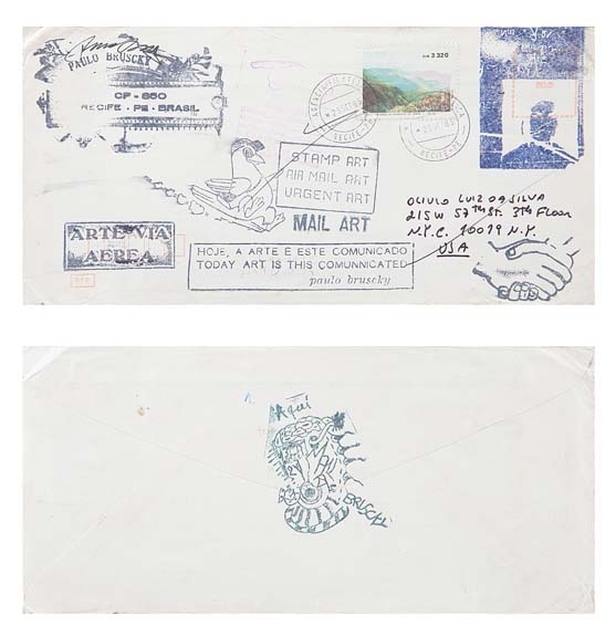 PAULO BRUSKY - ?Sem título? Carimbos e selo sobre envelope. Ass. c. 1985 11,5 x 23 cm.