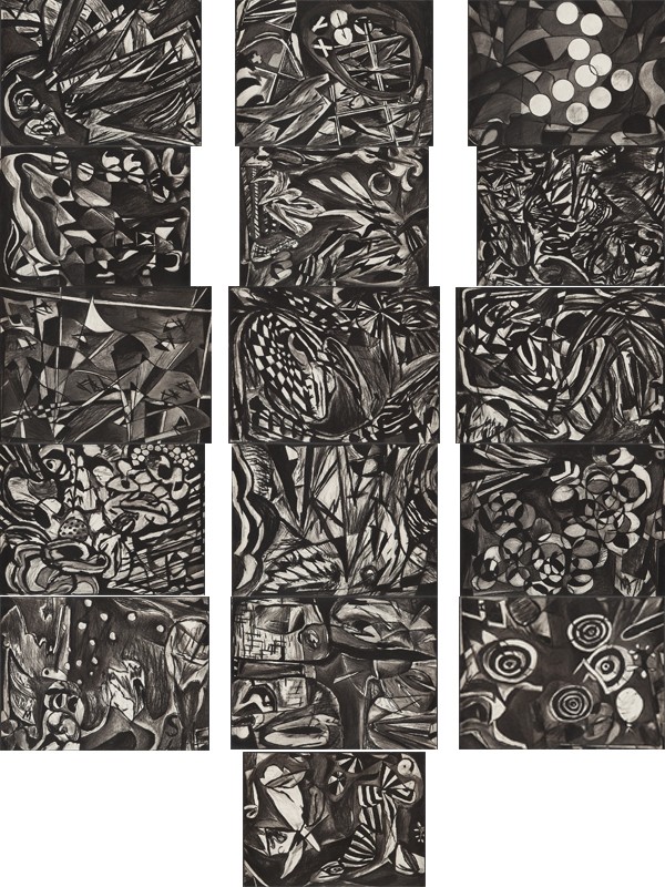 MARCO VELOSO - Série 124 - 16 desenhos em carvão sobre papel. - 2013. - 28 x 38 cm cada. - Com etiqueta da artista no verso.