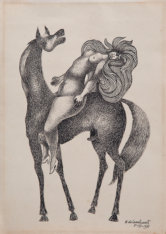 DI CAVALCANTI - ?Mulher e cavalo? - Desenho á nanquim. - Ass. dat. 1971 inf. dir. - 32,5 x 23,5 cm.