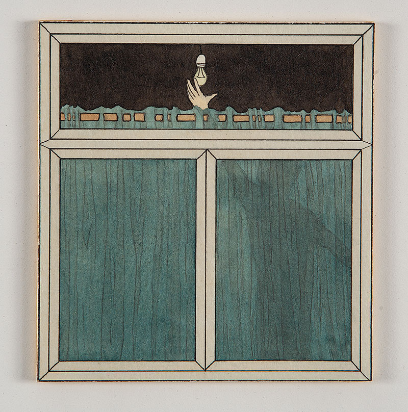 MAURO PIVA - `Figura na janela` - Guache e nanquim sobre cartão - Ass.dat. 2003 no verso ` 11 x 10 cm.