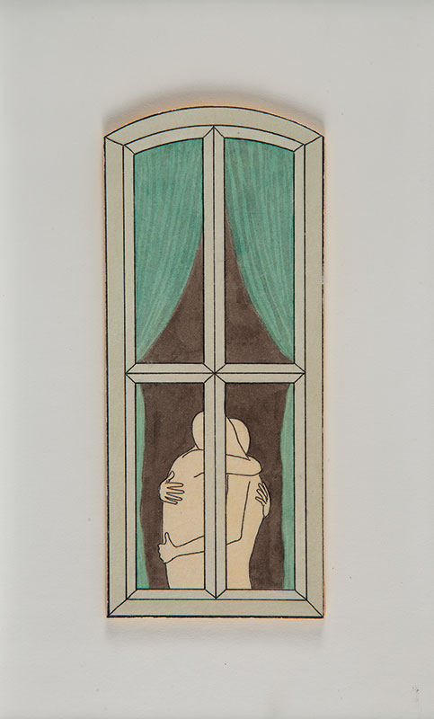 MAURO PIVA - `Casal na janela` - Guache e nanquim sobre cartão - Ass.dat. 2003 no verso ` 15 x 7 cm.