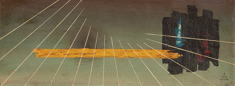 VALTER LEWY -`Sem titulo` - Óleo sobre tela. Ass. dat.1959 inf.dir. 24 x 62 cm. Com etiqueta do Salão Paulista de Arte Moderna no verso.