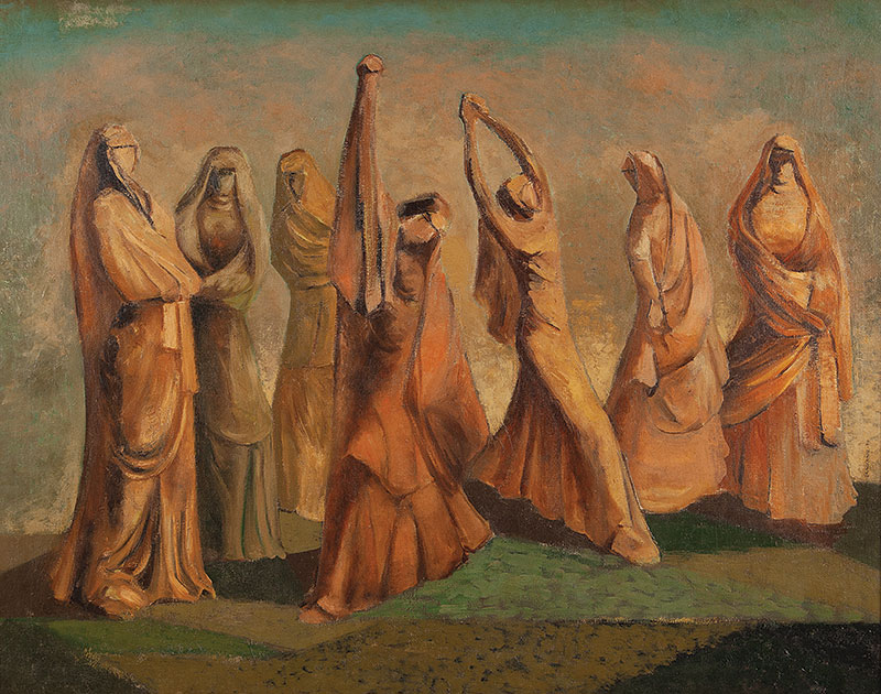 CLÓVIS GRACIANO - `Figuras humanas` - Óleo sobre tela - Ass.dat. 1950 lat.dir. 72 x 92 cm. Com etiqueta que a obra foi restaurada por Renta P.Wertheimer no verso.