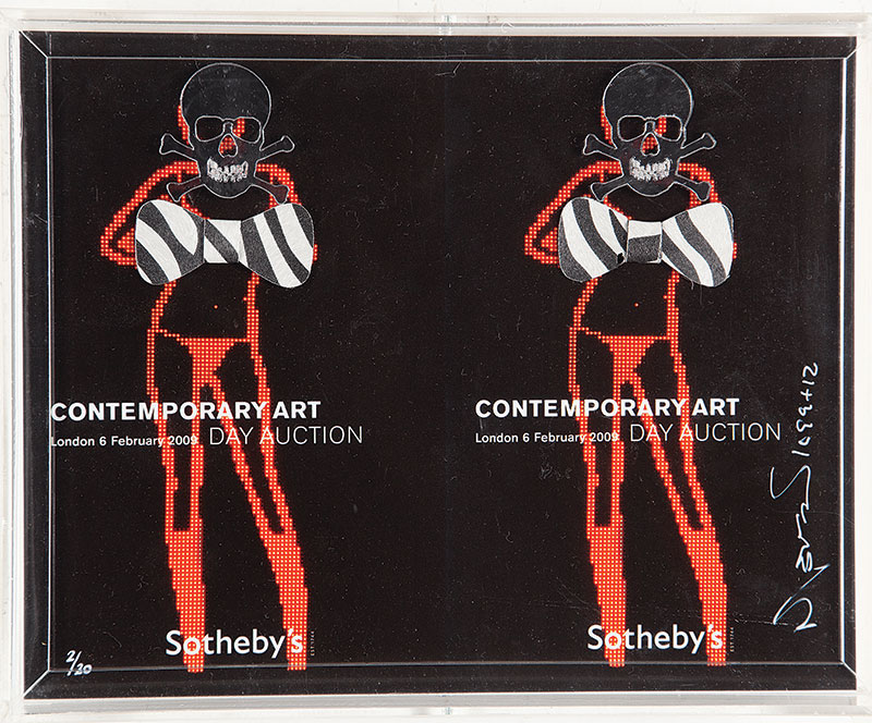 NELSON LEIRNER - `Sem titulo` - Colagem sobre catálogo da Sotheby`s em caixa de acrílico - 2/20. Ass.dat.1999+12 lat.dir. 22 x 28 cm.