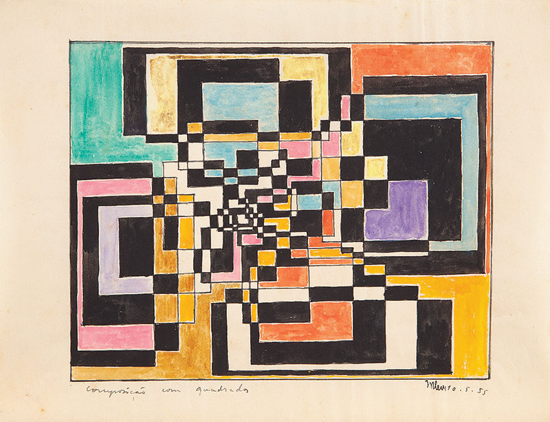 MARIO LEVY - `Composição com quadrados` - Nanquim e guache sobre papel. Ass.dat. 1955 inf.dir. 20 x 26,5 cm.
