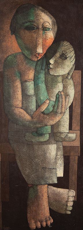 INOS CORADIN - `Maternidade` - Óleo sobre eucatex ` Ass.inf.esq. 122 x 46 cm.