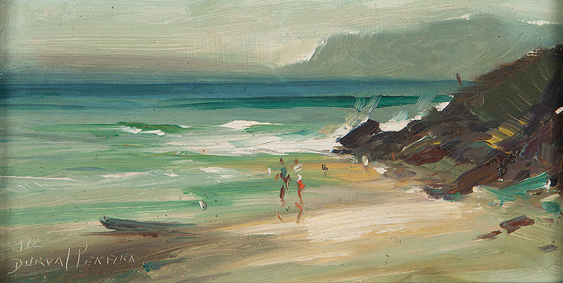 DURVAL PEREIRA - `Figuras na praia` - Óleo sobre eucatex - Ass.dat. 1972 inf.esq. 12 x 21 cm.