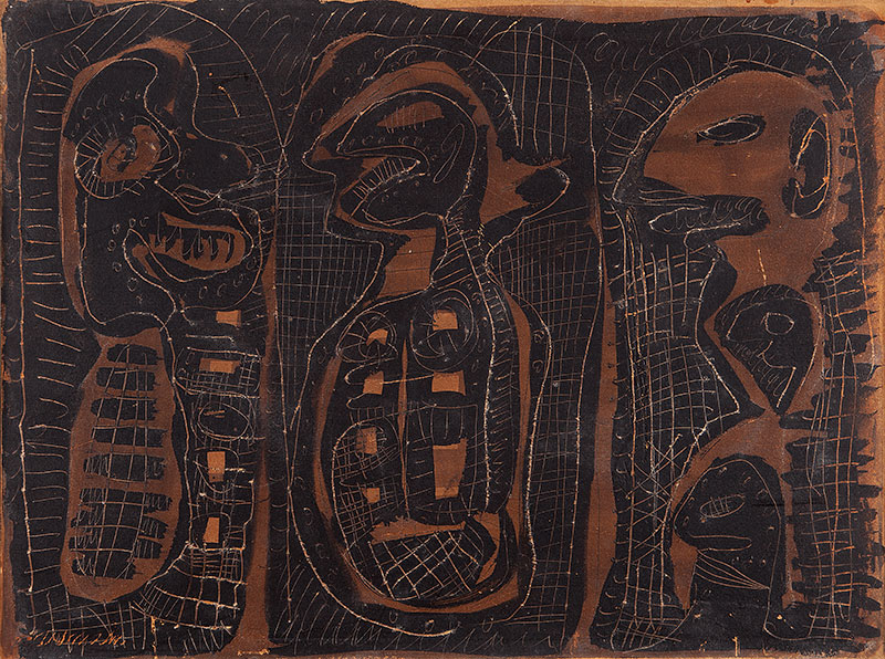 RUBENS GERCHMAN - `Sem titulo` - Nanquim sobre eucatex. Ass.inf.esq ` Déc.60 - 36 x 48 cm. Com etiqueta da Bienal de San Pablo.