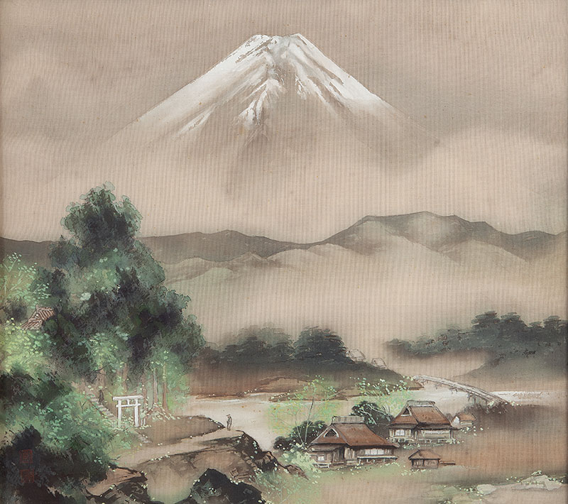 Pintura sobre tecido - Paisagem com monte Fuji - medindo 37 x 43 cm ` ass.inf.esq.