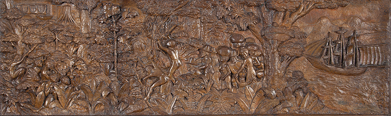 Placa de bronze - Representando descobrimento do Brasil com moldura em madeira jacarandá medindo 44 cm comprimento por 1,44 cm de largura.