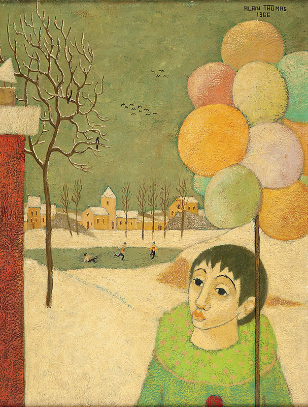ALAIN THOMAS - `Des Ballons daus la NEIGE` - Óleo sobre eucatex ` Ass.dat. 1966 sup.dir - 35 x 27 cm.