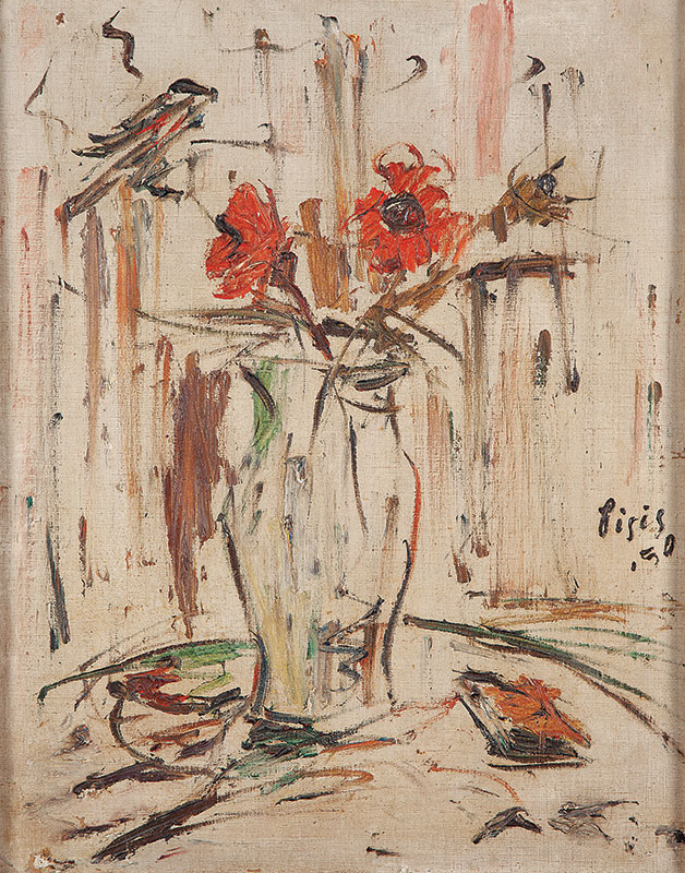 FILIPPO DE PISIS - `Vaso de flores` - Óleo sobre tela ` Ass.dat.1950 na lat.dir. ` 50 x 39 cm.