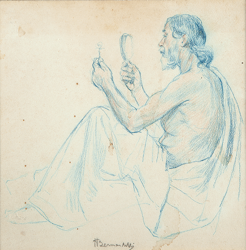 HENRIQUE BERNADELLI - `Figura masculina` - Desenho a lápis de cor -Ass. no centro inf. - 26 x 26 cm