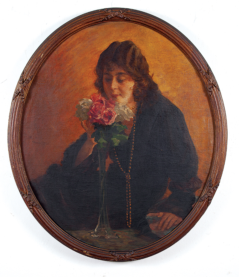 EUGÊNIO LATOUR - `Mulher e flores` - Óleo sobre tela - Ass. dat.1929 centro sup. esq. - 93 x 80 cm
