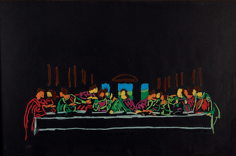 NELSON LEIRNER - `Sem título` - Guache sobre cartão e pintura sobre vidro - Ass.dat.1990 no centro. - 44 x 57 cm