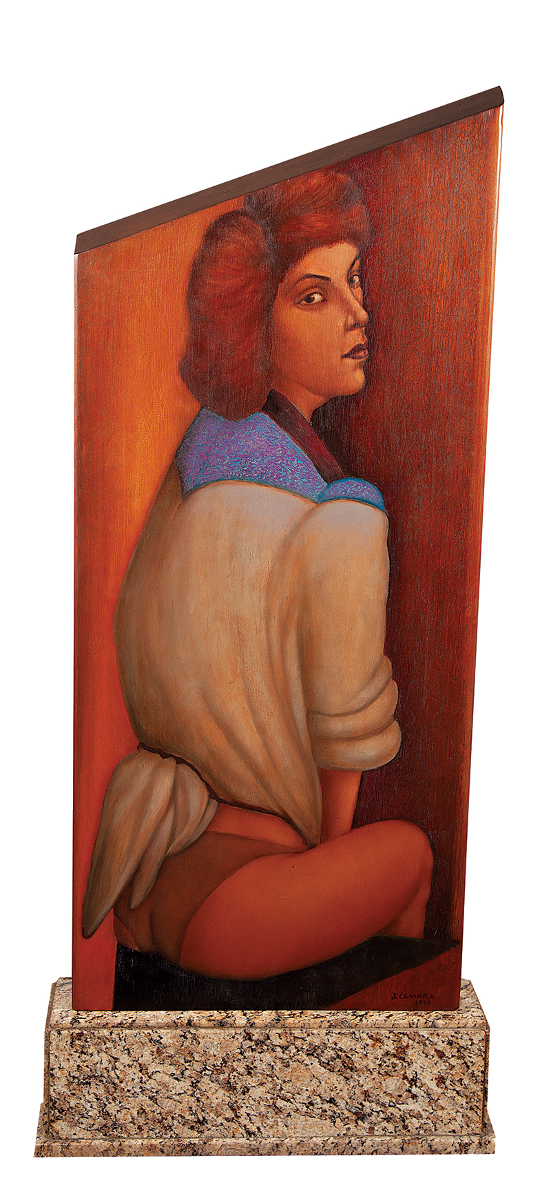 JOÃO CÂMARA - `Mulheres seminuas` - Objeto - pintura frente e verso. Óleo sobre madeira - Ass.dat.1999 inf. dir. - 102 x 45 cm