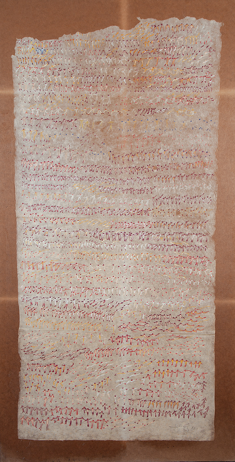 PAULO GARCEZ - `Figuras` - Desenho a lápis de cor sobre papel colado eucatex - Ass.dat.1981 inf. dir. - 123 x 58 cm