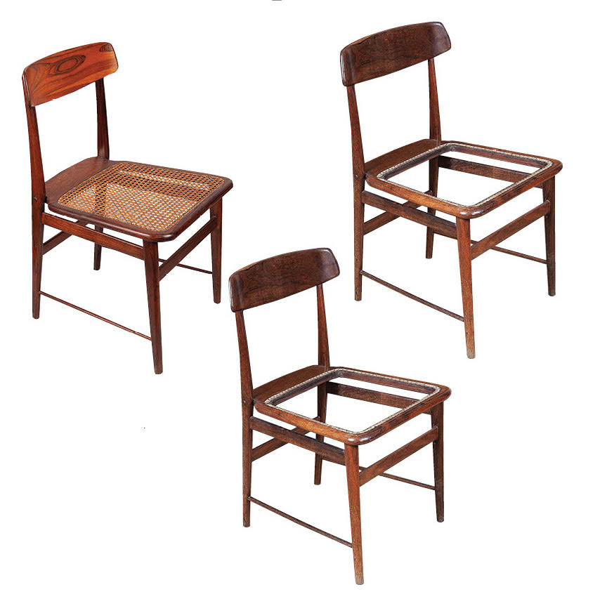 SÉRGIO RODRIGUES - `Lúcio Costa` - 3 cadeiras estrutura em madeira de lei maciça encerada, assento em palhinha e pés torneados. - 45 x 45 x 80 cm - (Duas falta palha no assento).