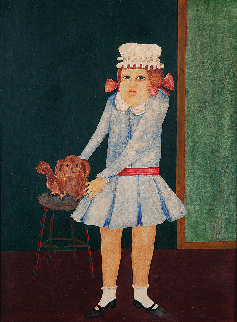 SONYA GRASSMANN - `Menina com cachorro` - Óleo sobre madeira - Ass. lat. esq. - 39 x 29 cm