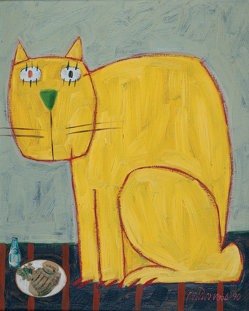 GUSTAVO ROSA - `Gato amarelo` - Óleo sobre tela - Ass.dat.1990 inf. dir, ass.dat. no verso. - 50 x 40 cm