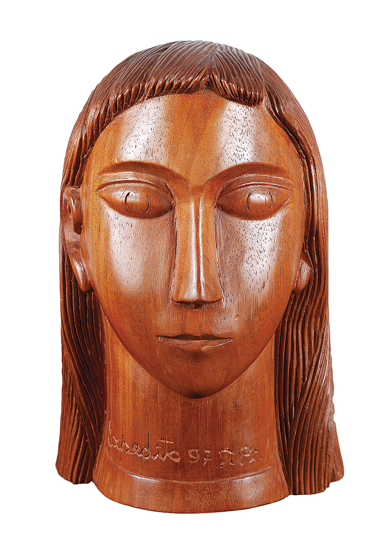 MESTRE EXPEDITO - `Cabeça de moça` - Escultura em madeira -Ass. loc. `T. PI` e dat.1997. - 27 cm