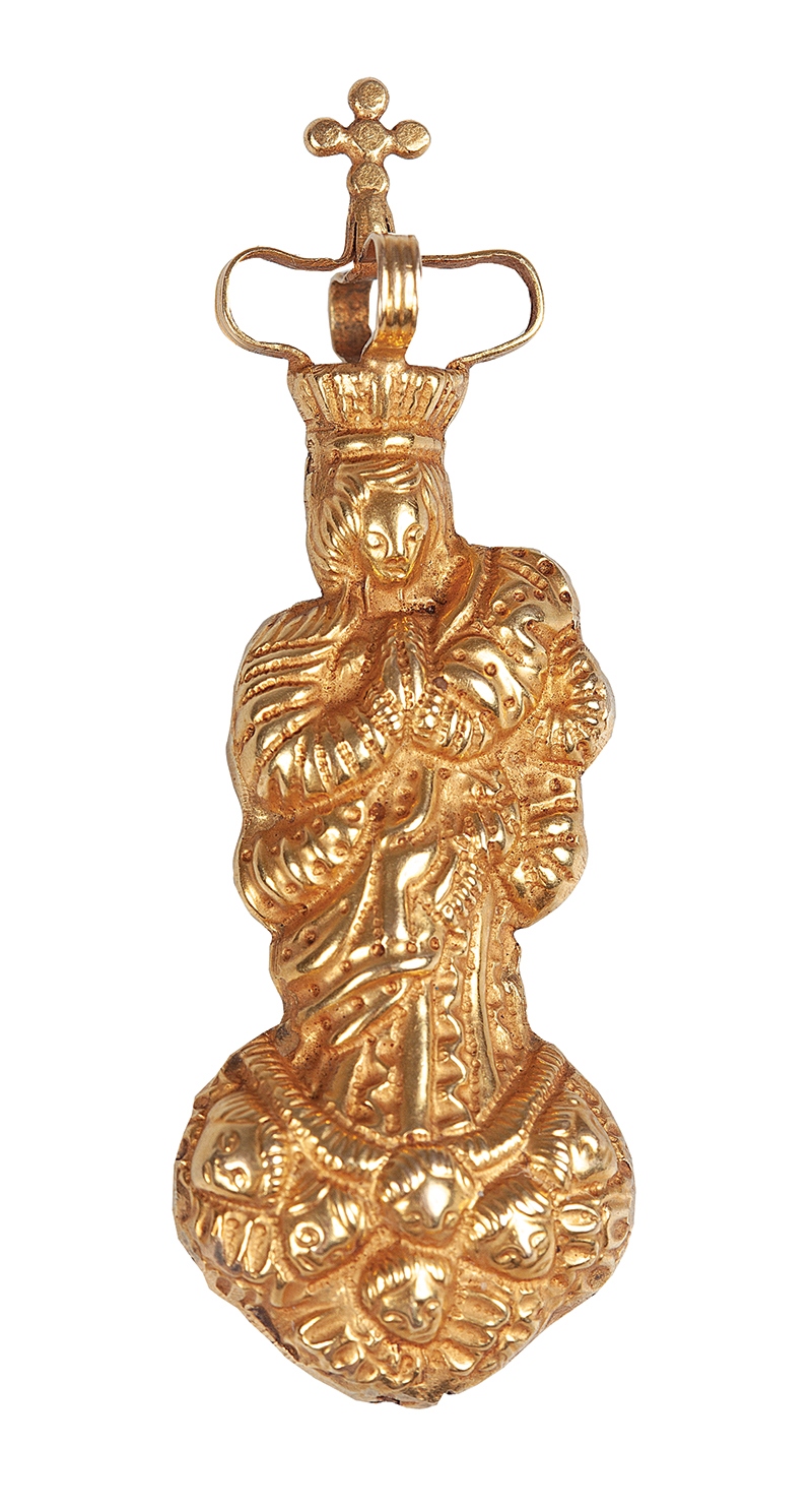 Nossa senhora em ouro 18K oca, pesando 8g e medindo 6 cm. de altura - Brasil - Séc. XVIII/XIX.