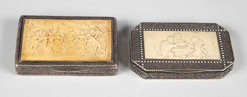 2 Caixas de prata com marfim, caixas para coleção peso 176g. a maior medindo 8 cm. ` Europa ` Séc. XIX.