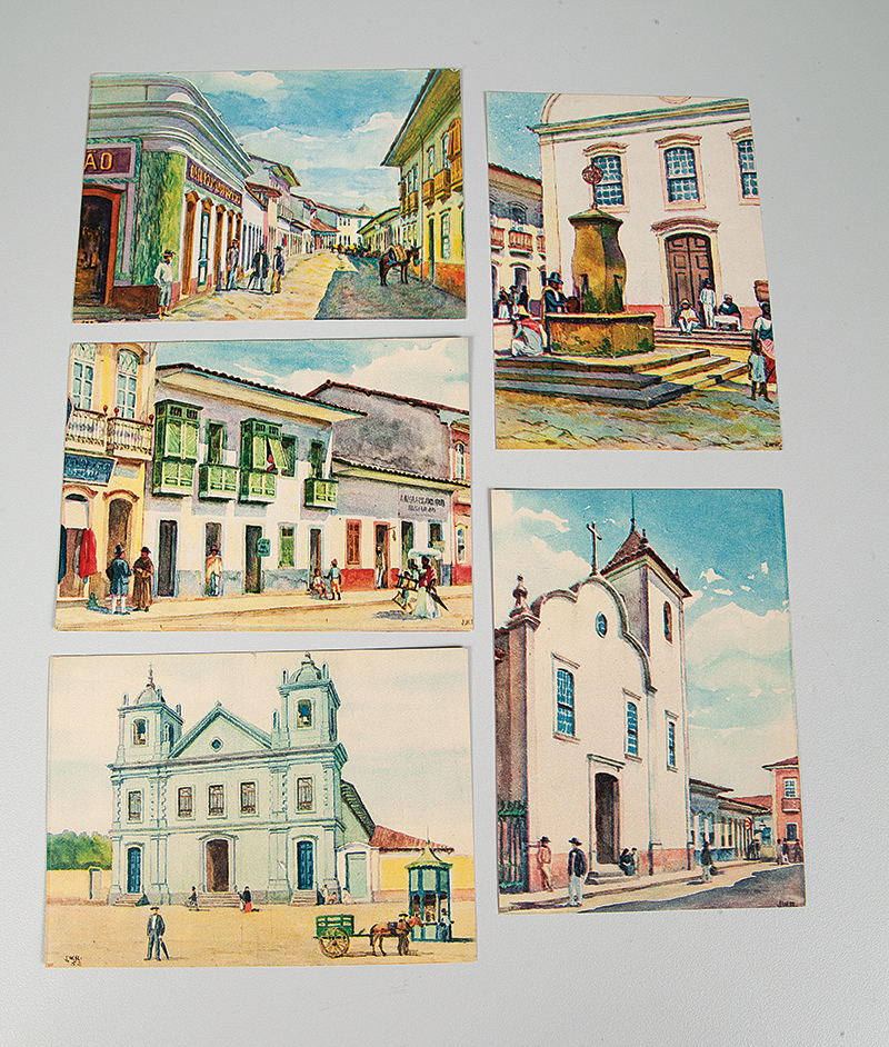 Coleção de 25 cartões postais de São Paulo antigo tirados de aquarelas do artista José Wash Rodrigues, edições marfim, falta um cartão.