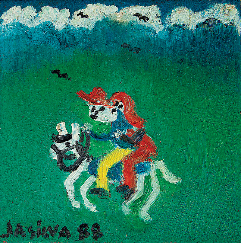 JOSÉ ANTÔNIO DA SILVA `Casal cavalgando` -Óleo sobre azulejo -Ass.dat.1988 inf. esq., ass.dat. no verso. 15 x 15 cm.