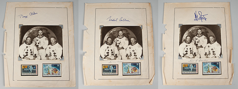 Foto dos 3 astronautas que foram para lua sendo: 1- Neil Armstrong foto medindo 11,5 x 14 cm. assinada e autografada de época. 2 - Buzz Aldrin foto medindo 11,5 x 14 cm. assinada de época. 3 - Michael Collins foto medindo 11,5 x 14 cm. assinada e autografada de época. Peça de coleção todas em bom estado de conservação.
