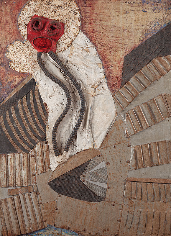 TEREZA NAZAR - `Sem titulo` Da série: Astronautas. Chapa de ferro, tela de arame,plástico, objetos e tinta sobre madeira. (c. 1966) Ass. sup. dir. 110 x 80 cm.