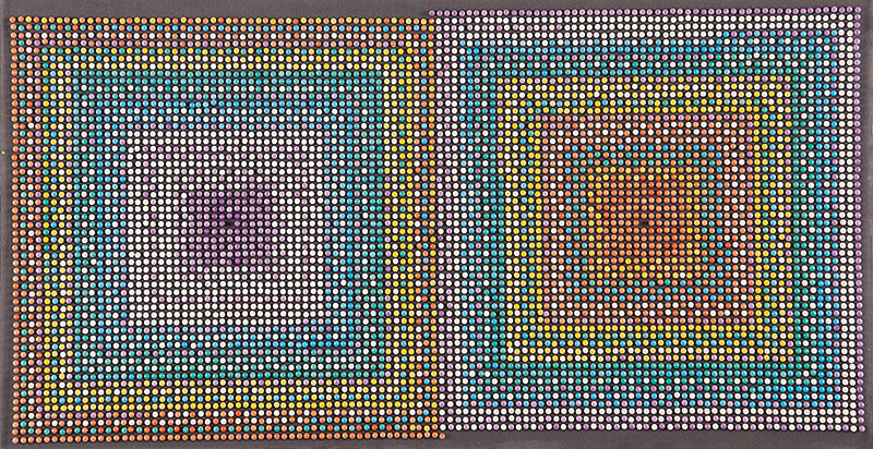 JOSÉ PATRÍCIO - `Piercing III ` progressão cromática` 6. 272 alfinetes sobre cartão de espuma em caixa de acrílico. 31,5 x 58,5 x 4,8 cm.