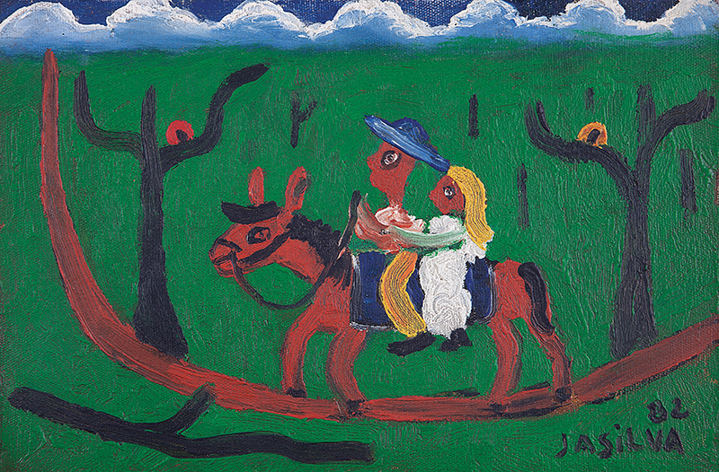 JOSÉ ANTÔNIO DA SILVA - `Casal cavalgando` Óleo sobre tela. Ass. dat. 1982 inf. dir,ass. dat. no verso. 20 x 30 cm.