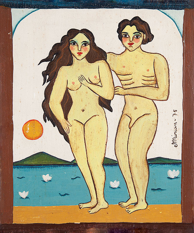 MIRIAM - `Adão e Eva` Óleo sobre madeira. Ass. dat. 1975 lat. dir. 20 x 17 cm.