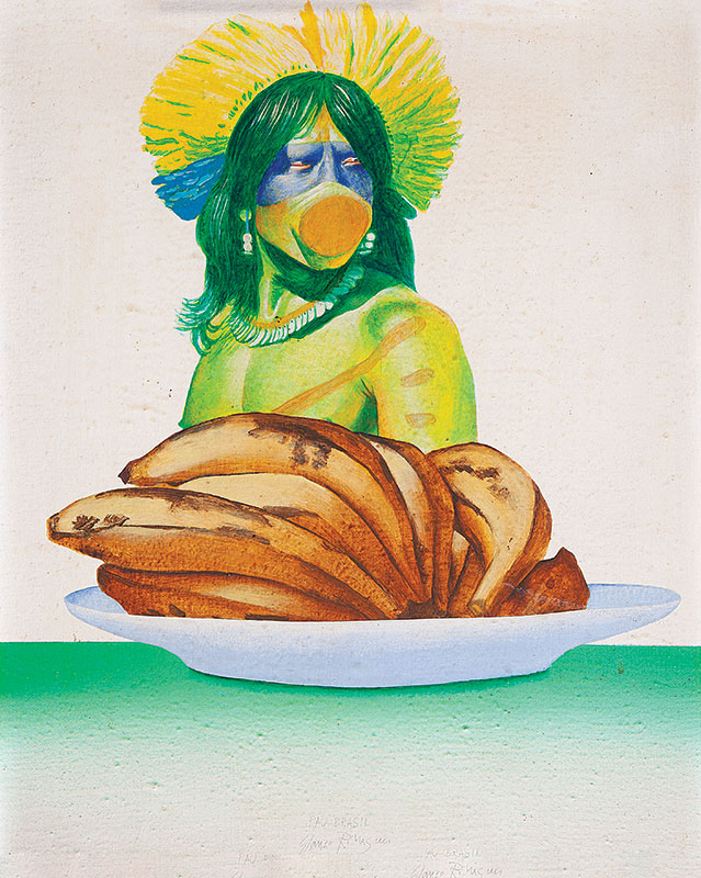 GLAUCO RODRIGUES - `Índio e bananas ` Óleo sobre tela sobre eucatex. Ass. tit. dat. 1974 e loc. `Rio` centro. 40 x 32 cm.