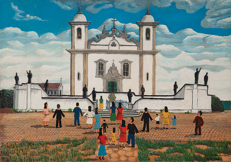 AGOSTINHO BATISTA DE FREITAS - `Figuras e igreja` Óleo sobre tela. Ass. dat. 1968 inf. dir. 46 x 66 cm.