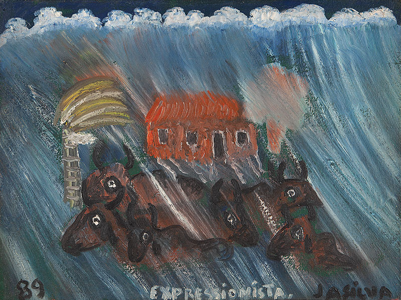 JOSÉ ANTÔNIO DA SILVA - `Boiada na tempestade` Óleo sobre tela. Ass. inf. dir, dat. 1989 inf. esq. ass. dat. no verso. 30 x 40 cm.