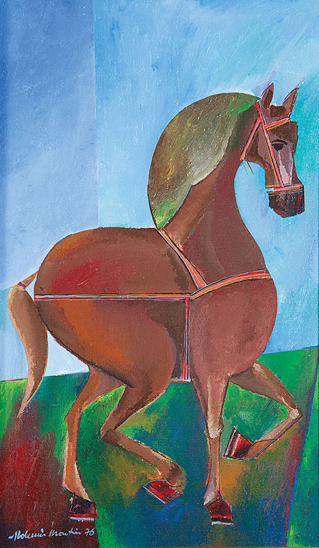 ALDEMIR MARTINS - `Cavalo` - Óleo sobre tela -Ass.dat.1976 inf.esq, Ass.dat. `Abril 1976` no verso. - Altura 46 cm - Largura 27,5 cm