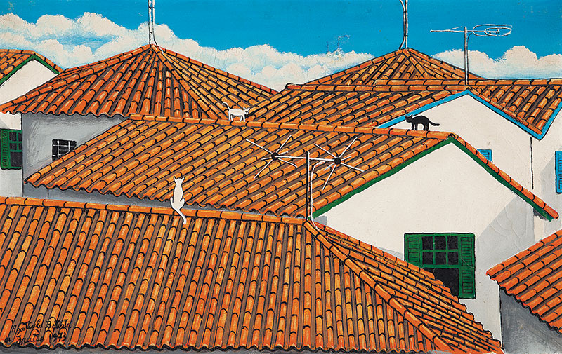 AGOSTINHO BATISTA DE FREITAS - `Gatos no telhado` - Óleo sobre tela - Ass.dat.1973 inf.esq. - Altura 45 cm - Largura 70 cm