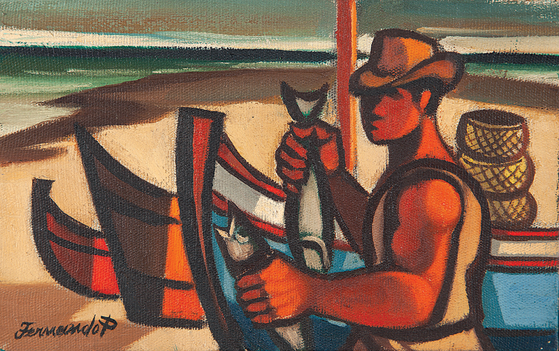FERNANDO P. - `Pescador com barcos`- Óleo sobre tela- Ass. inf. esq., ass. no verso. 14 x 21,5 cm. Com etiqueta da Dan Galeria.