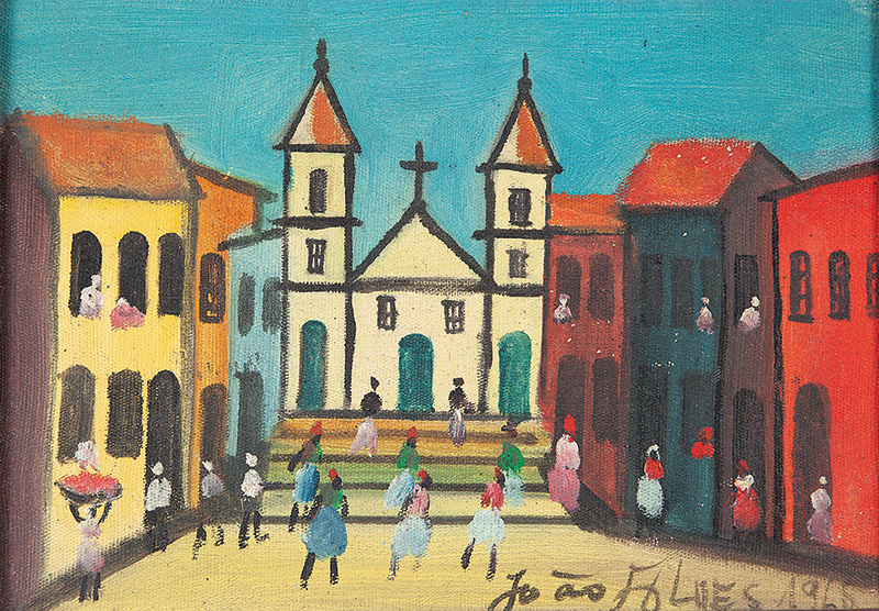 JOÃO ALVES - `Paisagem baiana com igreja e figuras` - Óleo sobre tela -Ass. dat.1965 inf. dir, ass.dat. no verso. 19 x 27 cm.