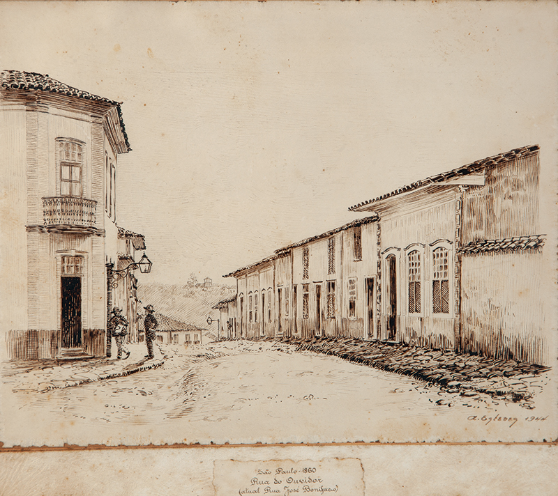 A. ESTEVE - `Rua do Ouvidor ` Atual Rua José Bonifácio` Nanquim sobre papel - Ass.dat.1944 inf. dir. 24,5 x 31 cm.