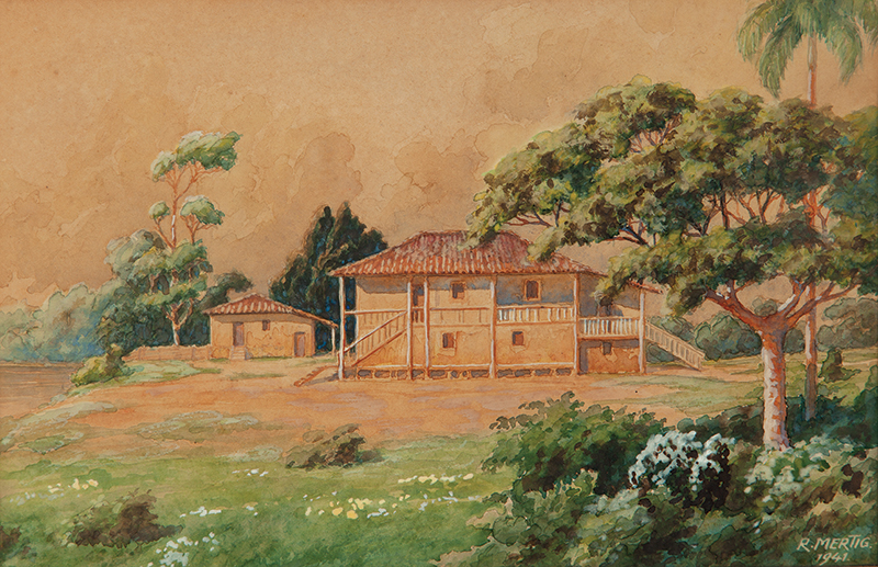 R. MERTIG - `Barra do Quilombo` Aquarela sobre papel. Ass. dat. 1941 inf. dir., tit. e dat. 2/4/1983 no verso. 18 x 28 cm.