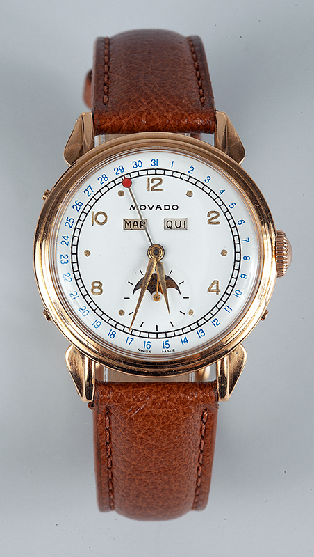 MOVADO relógio em ouro rosa 18k apresenta triplo calendário e fase da lua automático, relógio com tampa de rosca funcionando mostrador refeito Anos 40/50.