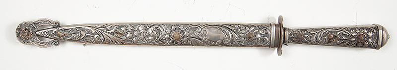 Grande faca em prata 800 com aplique em ouro marca do prateiro `REBUFFO` medindo 46 cm de comprimento ` Brasil ` Séc. XIX.