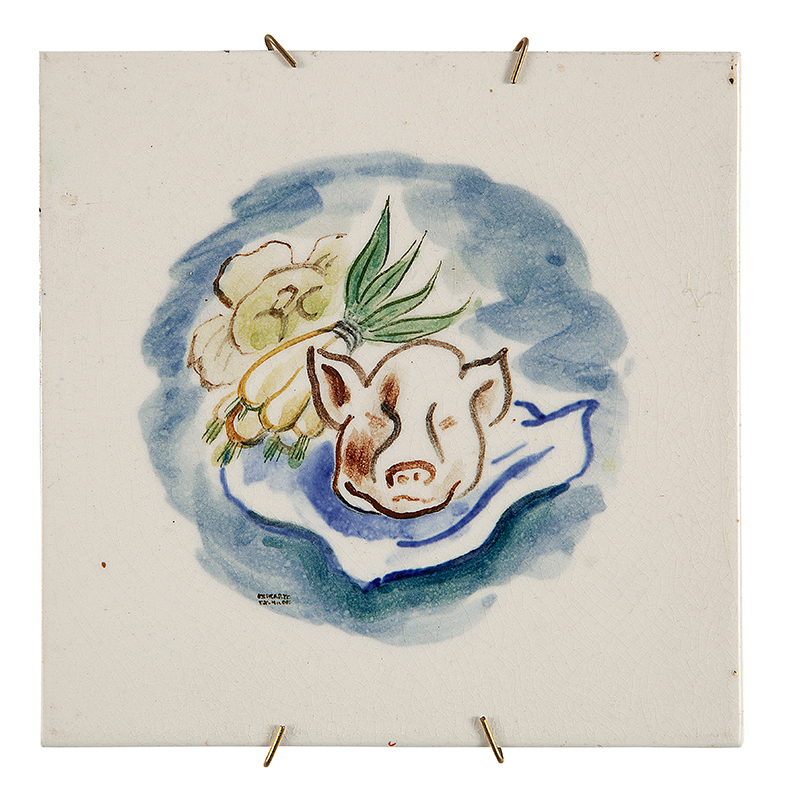 OSIRATE - EX.HILDE WEBER - `Porco e legumes`- Pintura sobre azulejo - Ass. inf. esq. 15 x 15cm