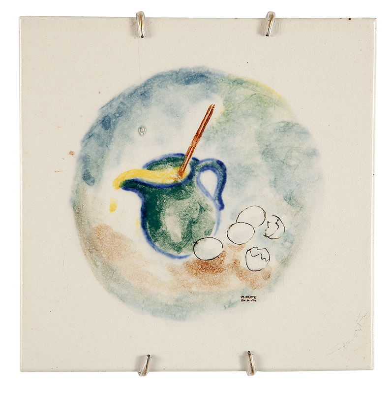 OSIRATE - EX.HILDE WEBER - `Jarra e ovos` - Pintura sobre azulejo - Ass. inf. dir. 15 x 15cm