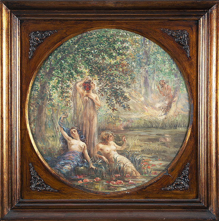 HÉLIOS SEELINGER - `Ninfas e Pan` - Óleo sobre tela - Ass.dat.1908 e loc. `Paris` inf.esq. - 50,5 x 50,5 cm
