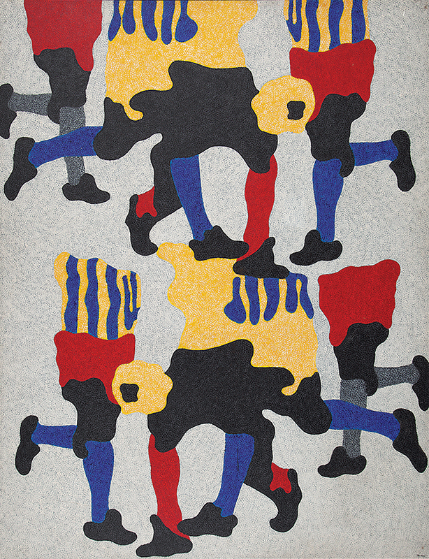 CLÁUDIO TOZZI - `Dança do futebol` - (2 partes + bola de futebol) Acrílico sobre tela sobre madeira - Ass.inf.dir, ass.tit.dat.1997 no verso. - 245 x 190 cm